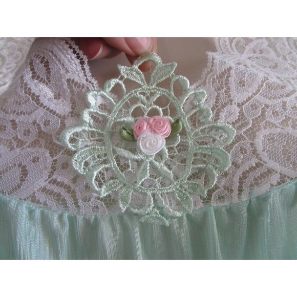 Sears Carriage Court Mint Green Short Night Gown Lace Trim Damask Stripe One Sz - Picture 5 of 16
